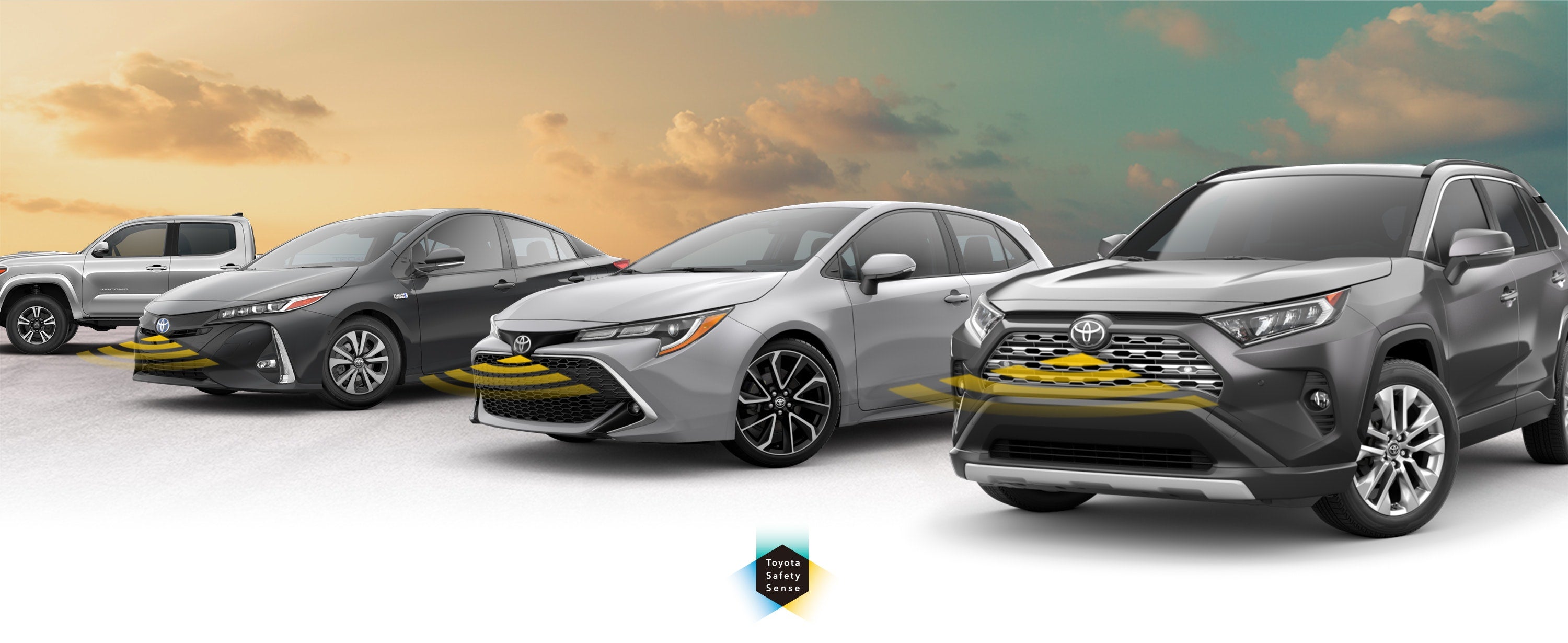 Toyota Safety Sense: Designed for Safety. Options shown on Toyota models including RAV4, Tacoma, and Camry, available now at Great Lakes Toyota in Findlay OH.