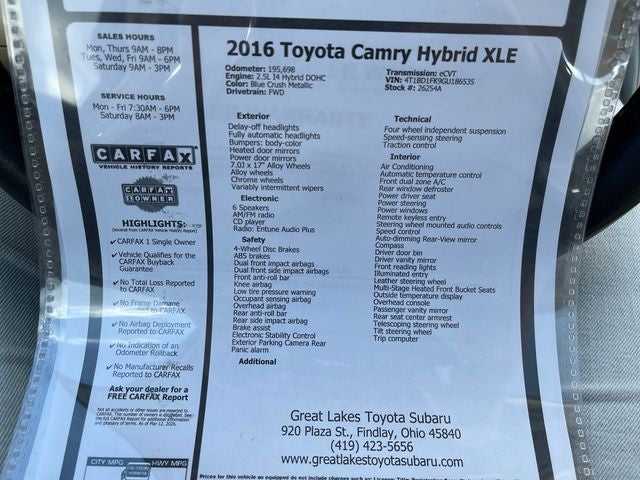 2016 Toyota Camry Hybrid XLE