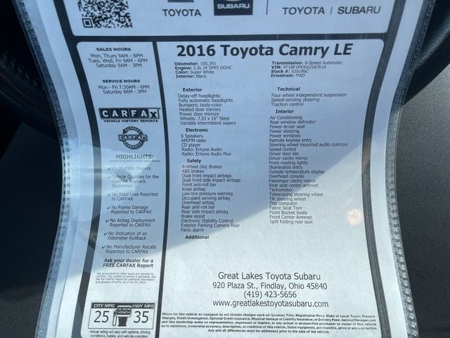 2016 Toyota CAMRY LE