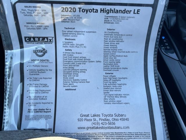 2020 Toyota HIGHLANDER LE