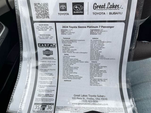 2024 Toyota SIENNA PLT AWD Platinum 7 Passenger