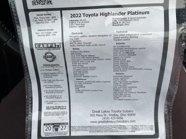 2022 Toyota HIGHLANDER Platinum