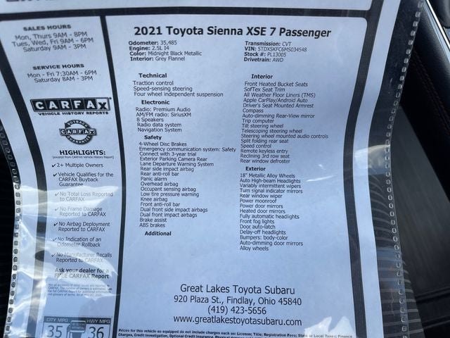 2021 Toyota SIENNA XSE AWD XSE 7 Passenger