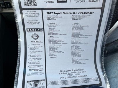 2017 Toyota SIENNA XLE 3.5L XLE 7 Passenger