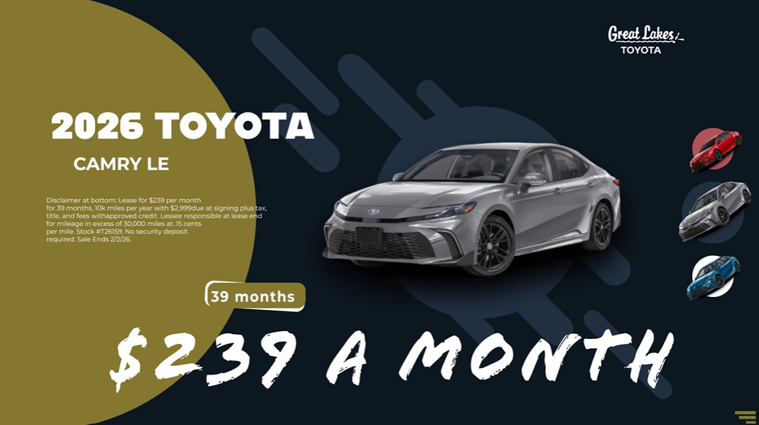 2026 Toyota Camry LE Lease Offer at Great Lakes Toyota